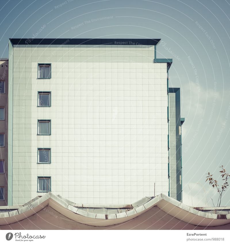 schenk mir ein Lächeln Umwelt Natur Himmel Pflanze Sträucher Stadt Haus Bauwerk Gebäude Architektur Mauer Wand Fassade Fenster Dach Stein Linie blau weiß