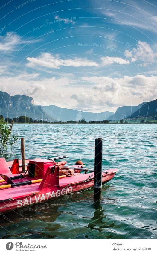 Baywatch Umwelt Natur Landschaft Himmel Wolken Sommer Schönes Wetter Sträucher Alpen Berge u. Gebirge Seeufer Bootsfahrt Ruderboot Seewacht frisch kalt