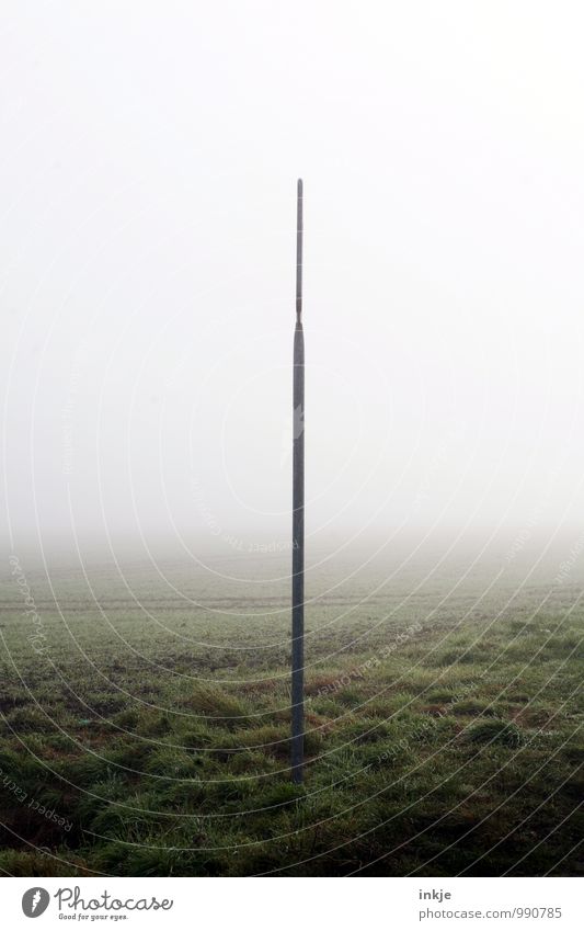 Ortsschild Herbst Winter schlechtes Wetter Nebel Stadtrand Menschenleer außergewöhnlich dunkel dünn kalt lang Umwelt Grenze Mitte Teilung Farbfoto