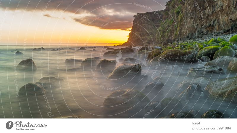 Meer am Abend Segeln wandern Umwelt Natur Landschaft Urelemente Wasser Himmel Wolken Horizont Sonne Sommer Moos Wellen Küste Strand Atlantik Insel Madeira