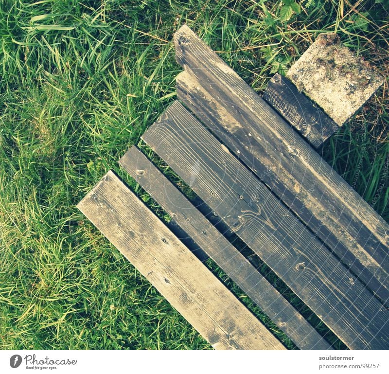 Bank Holz Vogelperspektive Gras Wiese grün braun Fußweg wandern Pause ruhig Erholung Aussicht Ferien & Urlaub & Reisen stehen Frieden Möbel Rasen Stein sitzen