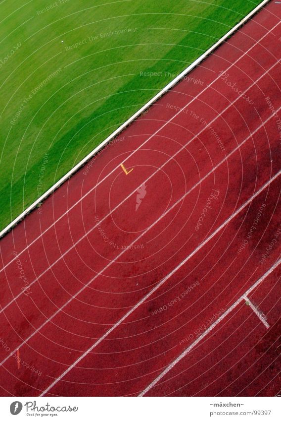 Loooos! II Rennbahn Stadion Leichtathletik rot grün weiß Spuren Kurvenlage 100 Meter Lauf Joggen Ausdauer Niederlage Prämie Sport Spielen go laufen run Linie