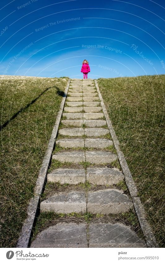 Pinker Punkt Mensch Kind Kleinkind Mädchen Kindheit 1 1-3 Jahre 3-8 Jahre Himmel Schönes Wetter Linie schreien blau grau grün rosa Gefühle Stimmung Treppe Rasen