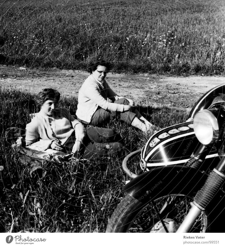 Motorradbräute Frau Beiwagen Pause Feld Wegrand Feldrand Blume Wochenende Schwester Verkehr Freizeit & Hobby sitzen liegen Pferdefuhrwerk Horex 350er Regina