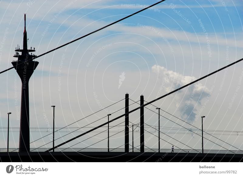 Der Jogger Stadt Verkehr Stadtleben Wolken Arbeit & Erwerbstätigkeit Joggen Medien Freizeit & Hobby Brücke Sommer Himmel Linie Hillem Düsseldorf Kontrast Straße