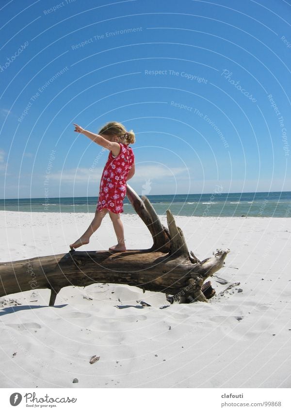 Balance dance Zufriedenheit Strand Meer Tanzen Kind Mädchen 1 Mensch 3-8 Jahre Kindheit Sand Küste Ostsee Kleid Spielen blau rosa Freude Fröhlichkeit Treibholz