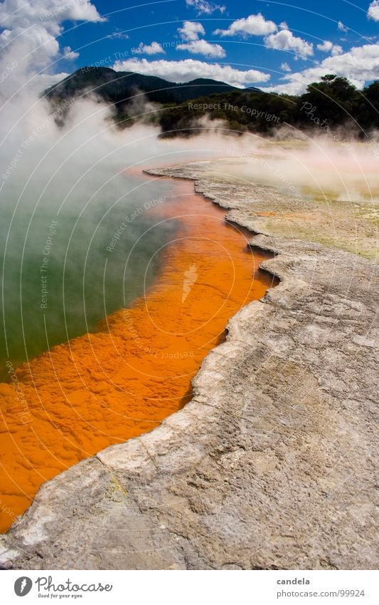 Hell...? See Champagner Schwimmbad Hölle heiß grün grau Neuseeland Rotorua Nordinsel Park Wasser Waiotapu volcano Vulkan lake geothermal hell hot water orange