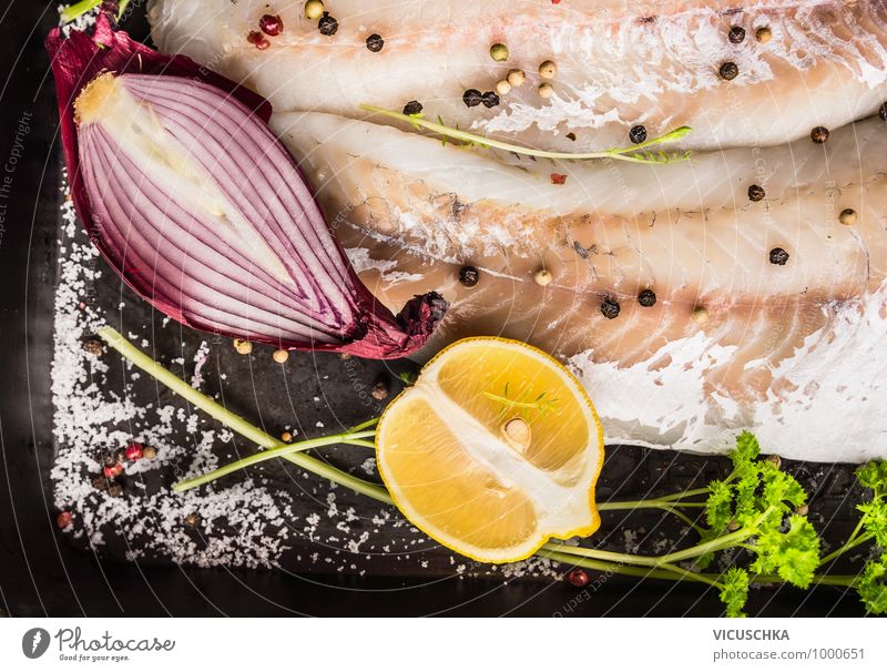 Red onion and lemon on zander fish Food Fish Fruit Herbs and spices Cooking oil Lunch Dinner Organic produce Vegetarian diet Diet Style Design Healthy Eating