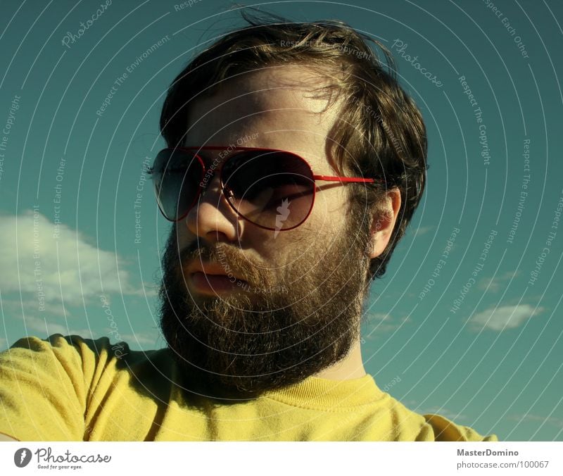 Exaggeratedly euphoric Man Facial hair Beard Sunglasses Clouds Green Yellow Portrait photograph Self portrait Porno glasses Easygoing Gloomy Boredom Converse