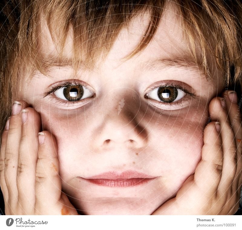 Television. Child Boy (child) Portrait photograph Hand Looking Support Fingers Sincere Light Softbox Reflection Face propped up Eyes sweet