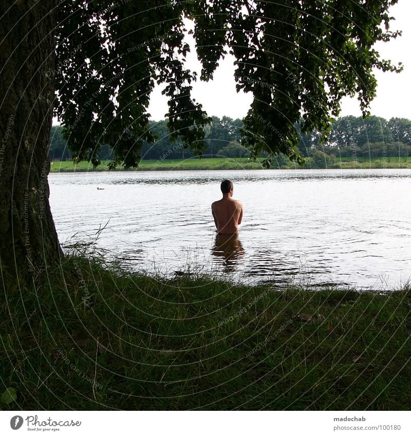 MAN IM SEE Man Human being Stand Lake Green Nature Tree Grass Meadow Summer Cold Refreshment Think Leisure and hobbies Surface of water Healthy Calm Pensive