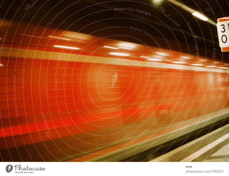 draft Commuter trains Railroad Tunnel Reddish black Glittering Stripe Light Reflection Platform Passage Speed Back draft Exciting Hose Blur Train station