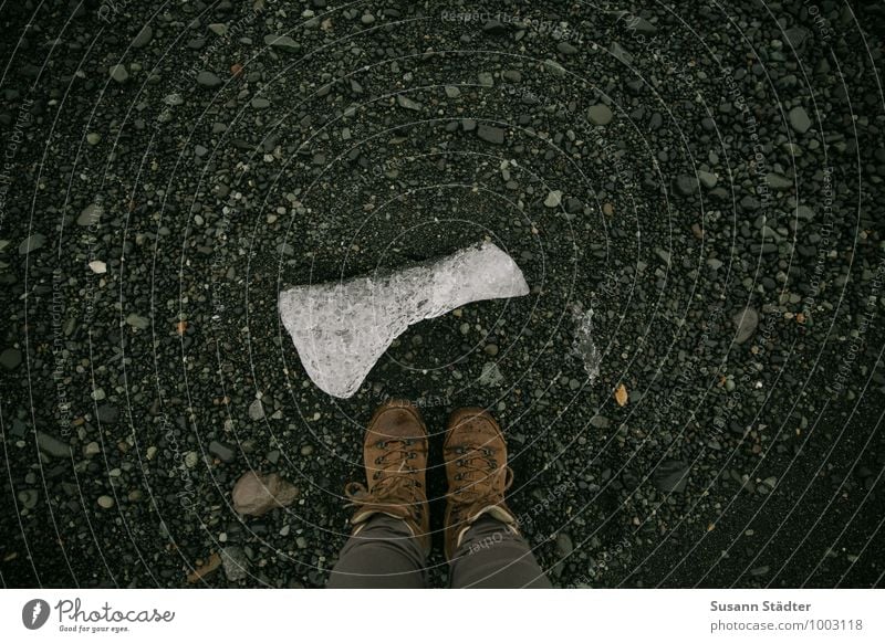 glacier tongue Legs Feet Winter Ice Frost Drought Broken Glacier Glacier ice Glacial melt Hiking boots Pebble Iceland Jökulsárlón Colour photo Subdued colour