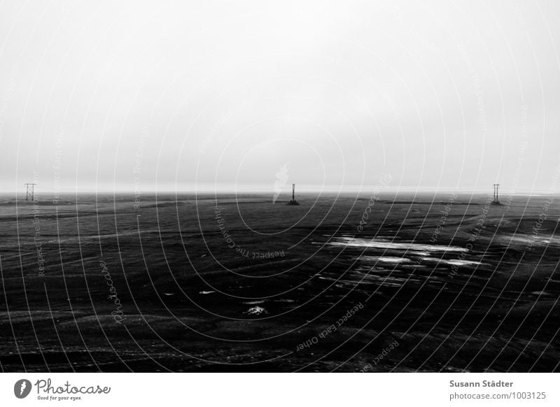 Iceland Landscape Water Bad weather Frost Drought Field Dark Electricity pylon Steppe Riverbed Sparse Dreary Gravel Black & white photo Exterior shot Evening