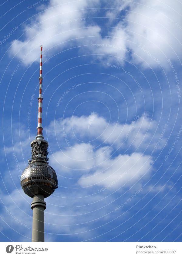 The revolving tower Alexanderplatz Clouds Summer Red White Thin Vantage point Concrete Rotate Berlin TV Tower Landmark Monument alex Sky Blue Point Sphere Ball