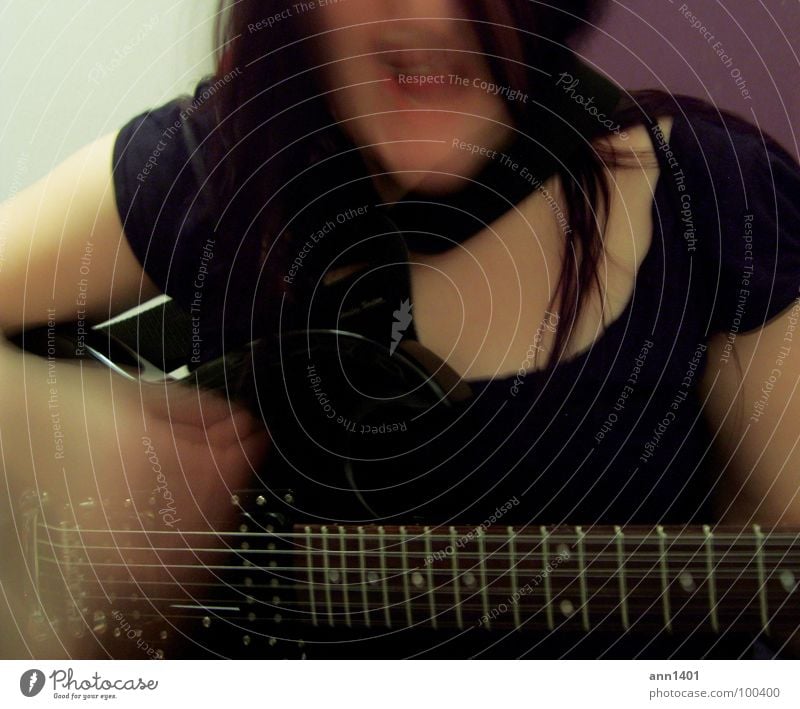 Me and my guitar II Music Sound Reef Musical instrument string Electric guitar Intensifier Shake of the head Sing Song Long exposure Blur Black Dark Woman Joy