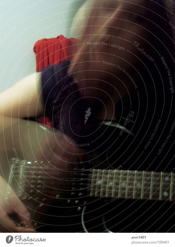 Me and my guitar III Music Sound Reef Musical instrument string Electric guitar Intensifier Shake of the head Sing Song Long exposure Blur Black Dark Woman Joy