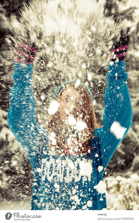 Cold fun. Human being Feminine Young woman Youth (Young adults) 1 13 - 18 years Winter Snow Snowfall Throw Joy Happy Contentment Joie de vivre (Vitality) Brave