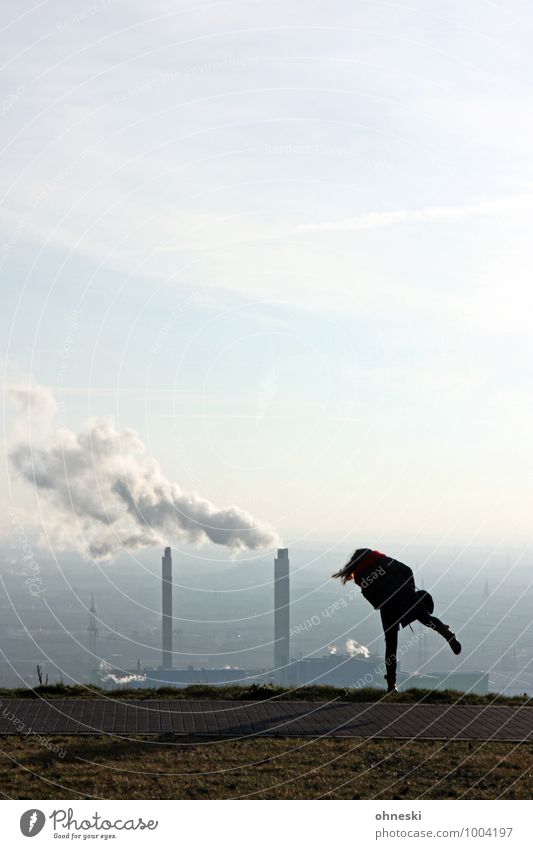 Oops! Human being Feminine Young woman Youth (Young adults) Woman Adults 1 18 - 30 years Sky The Ruhr Chimney To fall Colour photo Exterior shot Copy Space top