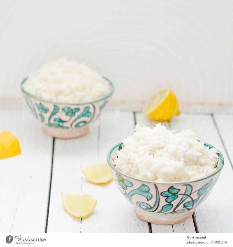 rice Food Grain Nutrition Vegetarian diet Asian Food Bowl Fresh Bright Rice Lemon Rice bowl Colour photo Subdued colour Studio shot Copy Space top