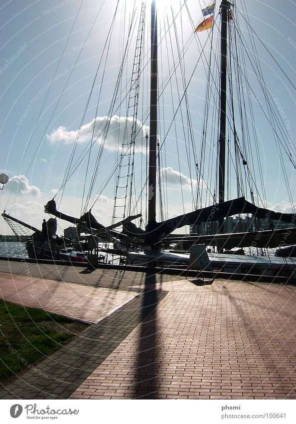 mast shadow Watercraft Lake Sailing Ocean Back-light Summer Line Drop shadow Wilhlemshaven Sailboat Harbour North Sea Shadow Sun Joist Electricity pylon