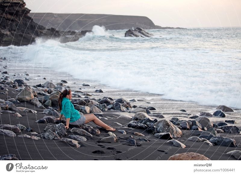 Black Bay I Environment Nature Landscape Esthetic Contentment Future Beach Coast Sit Youth (Young adults) Youth culture Young woman Ocean Sea water Waves