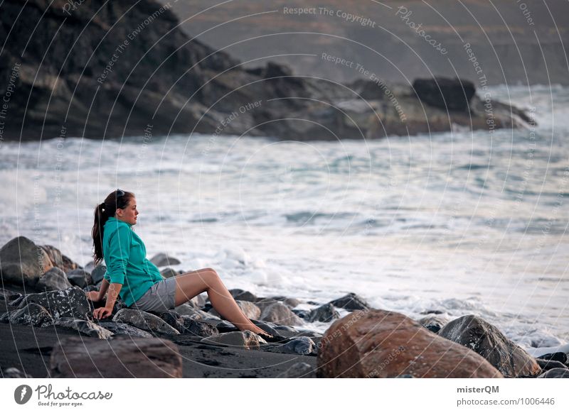 Black Bay II Art Esthetic Contentment Idyll Peaceful Futurism Looking Sit Relaxation Closing time Stony Ocean Far-off places Wanderlust Hope Waves Coast