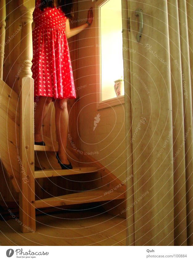 Moment II Wood Woman Feminine Dress Footwear Black Red White Stairs Turn on the lathe Window Window board Door handle Going Worm's-eye view Sliding door Light