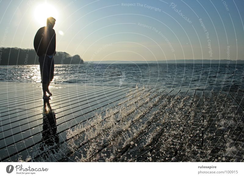 spring sun Flensburg Beach Footbridge Ocean Sun Water solitoid fjord Baltic Sea Human being Shadow