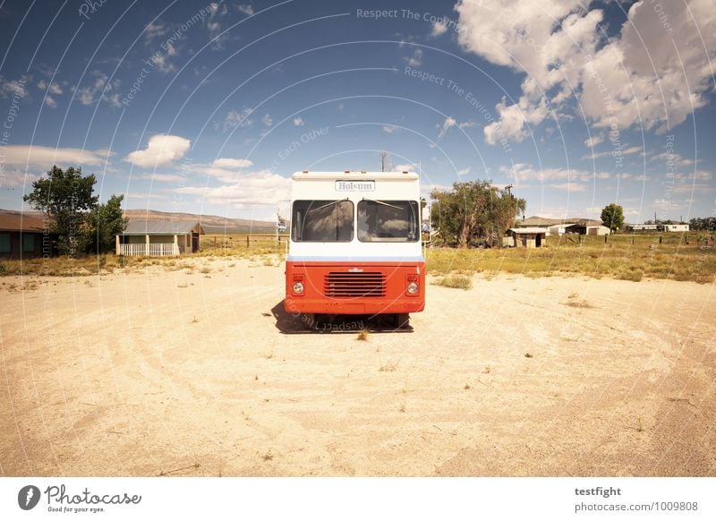 bus Nature Landscape Sky Sun Means of transport Public transit Bus travel Vintage car Old Red Parking Parked Colour photo Exterior shot Deserted