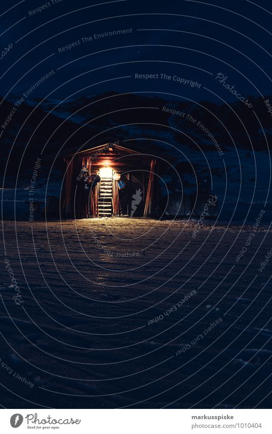 alpine hut ski slope Tourism Winter vacation Mountain Winter sports Ice Frost Alps Alpine hut Light (Natural Phenomenon) Discover Colour photo Exterior shot