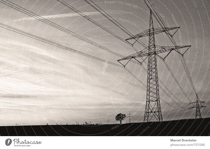 Free electricity for everyone! Electricity White Overland route Field Black & white photo Electricity pylon black Sepia grain Energy industry Cable masts