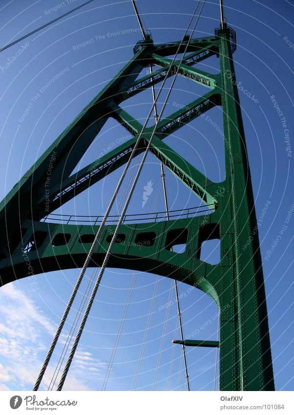 rural exodus Green Building line Construction Steel Bridge Colour Sky Blue Metal Rope Steel cable Pylon Steel construction Vertical Upward Skyward Blue sky