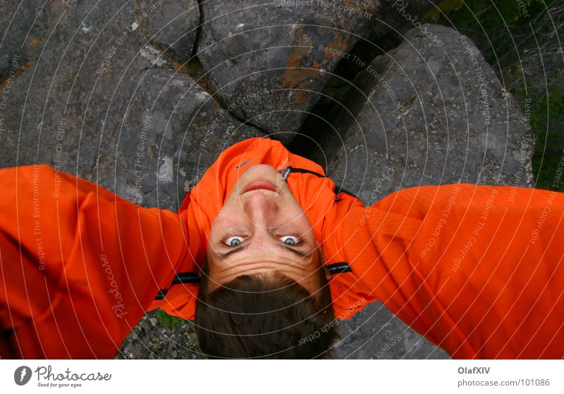 stoneman Gaudy Man Self portrait Gray Bird's-eye view Force Hard Flashy Stand Dark Colour Mountaineering Stone Orange Contrast Human being Head Above stretch