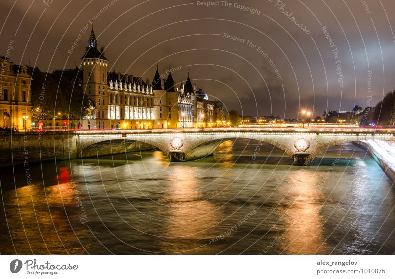 Midnight Paris Clouds Night sky Town Palace Bridge Tower Landmark Street Gold Colour photo Exterior shot Reflection Long exposure