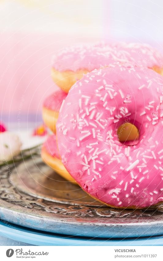 Pink Donut on Siber Plate Food Dough Baked goods Cake Dessert Nutrition Breakfast Buffet Brunch Vegetarian diet Diet Style Design Kitchen Silver Close-up