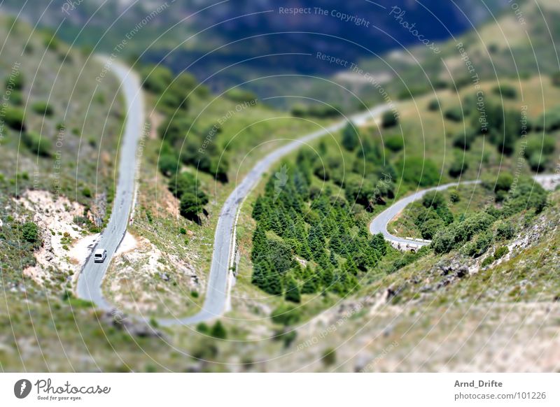 Mini serpentine road Tilt-Shift Small Miniature Bird's-eye view Andalucia Green Brown Tree Europe Transport tilt Pattern Surrealism model building landscape