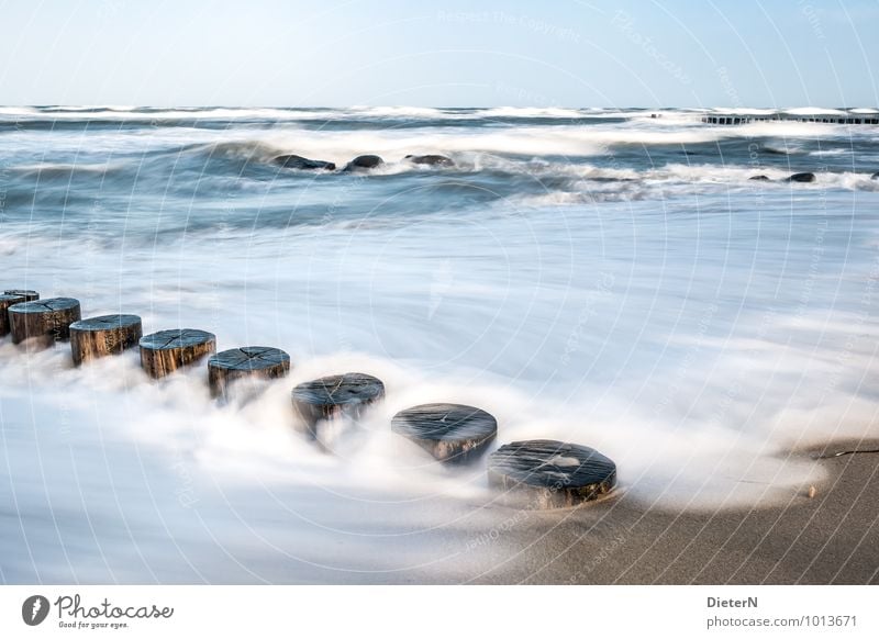 churned Environment Nature Landscape Elements Earth Sky Cloudless sky Beautiful weather Wind Gale Waves Coast Baltic Sea Ocean Blue Black White Break water