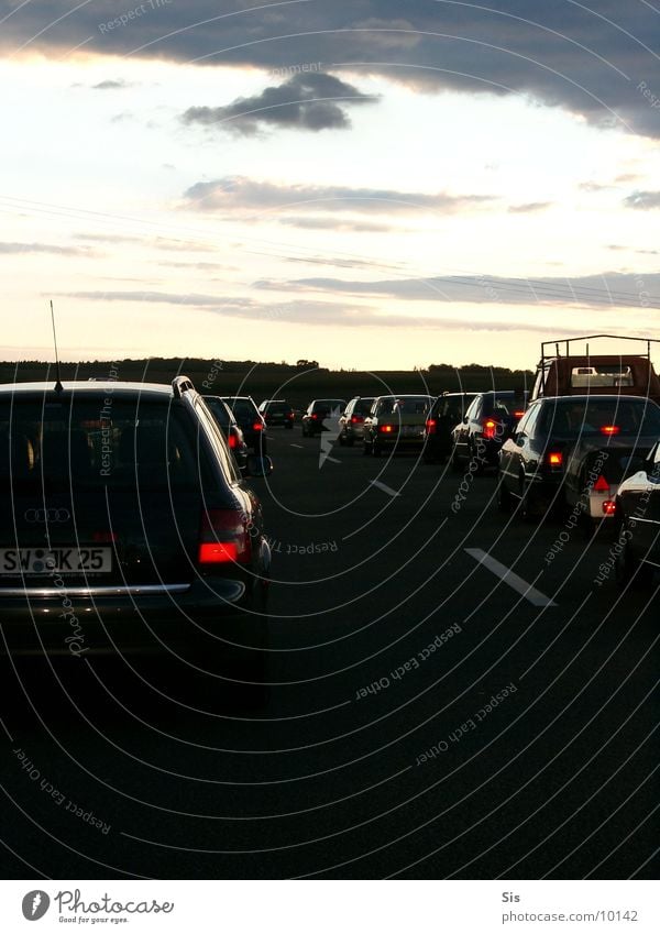 traffic jam Highway Traffic jam Rear light Twilight Dark Transport Wait Evening Thunder and lightning Car Queue