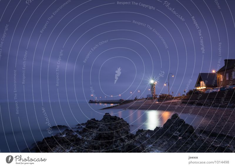 Come home Water Sky Horizon Coast Fishing village Lighthouse Mole Stone Bright Blue Violet Black White Colour photo Exterior shot Deserted Evening Night