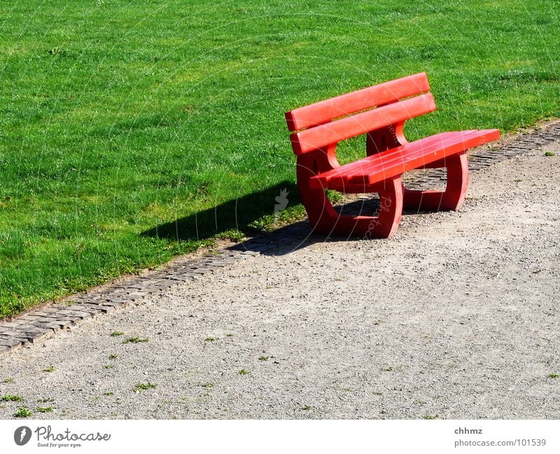 red-green Meadow Park Park bench Break Diagonal Red Wayside Loneliness Empty Green Traffic infrastructure Furniture Bench Lanes & trails Lawn Wait Sit Lie