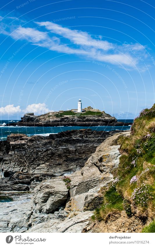 Lighthouse on island in Cornwall with rocks Vacation & Travel Tourism Trip Far-off places Freedom Hiking Environment Nature Landscape Plant Animal Elements