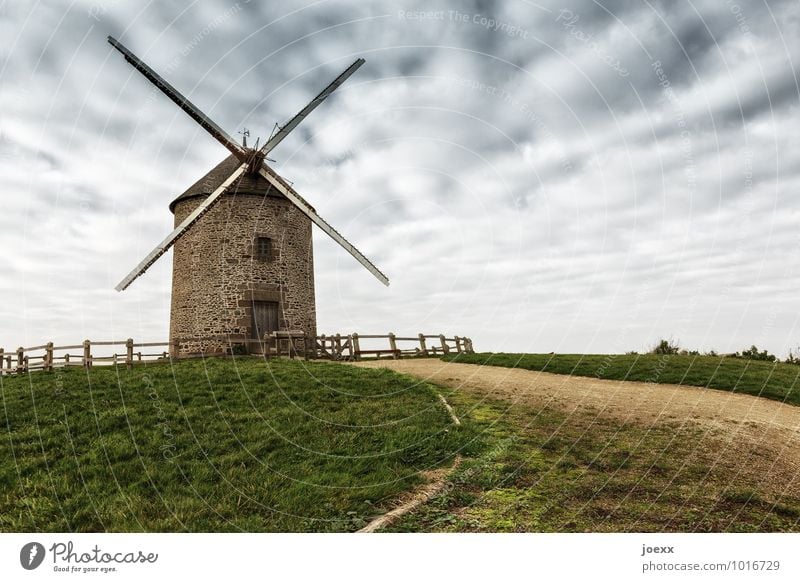 adversary Landscape Sky Clouds Windmill Old Large Brown Gray Green Lanes & trails Colour photo Subdued colour Exterior shot Deserted Day