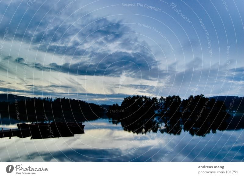 Back home Leisure and hobbies Norway Watercraft Lake Sky Mirror Reflection Calm Footbridge Tree Moody Dusk Night Dark Twilight Clouds Evening boat boats water