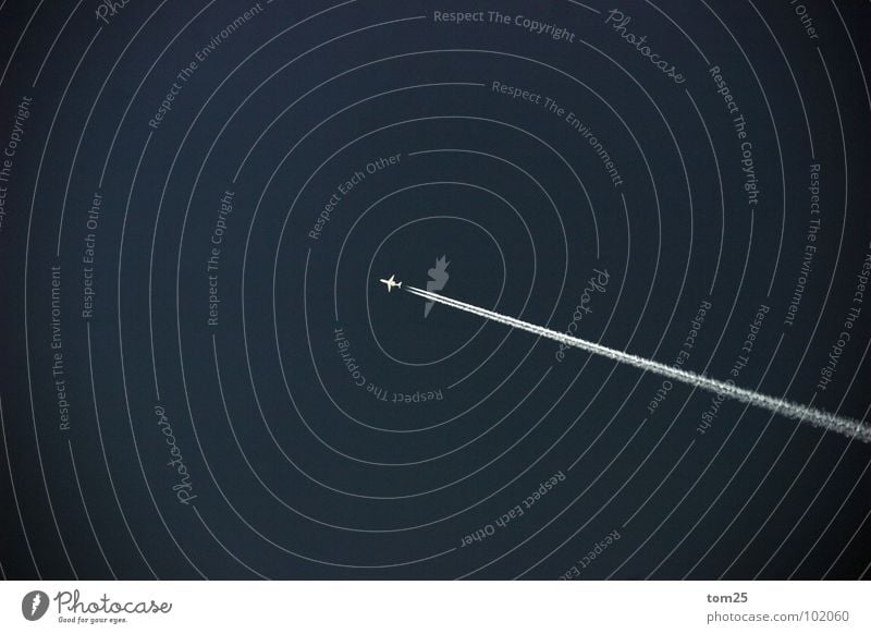 Up and away Airplane Vapor trail White Small Speed Far-off places Electrical equipment Technology Power Force Sky Loneliness Blue Logistics Jet Line