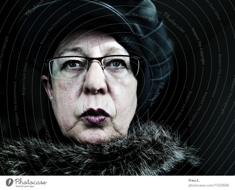 displeasure Style Human being Feminine Woman Adults Female senior Senior citizen Life Face 1 60 years and older Fur coat Eyeglasses Cap Looking Hideous