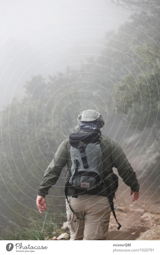 We Walk I Nature Landscape Weather Adventure Hiking Hat Human being Remote Walking Dark Mirkwood Ambiguous Exterior shot Mountain Forest Fog Shroud of fog