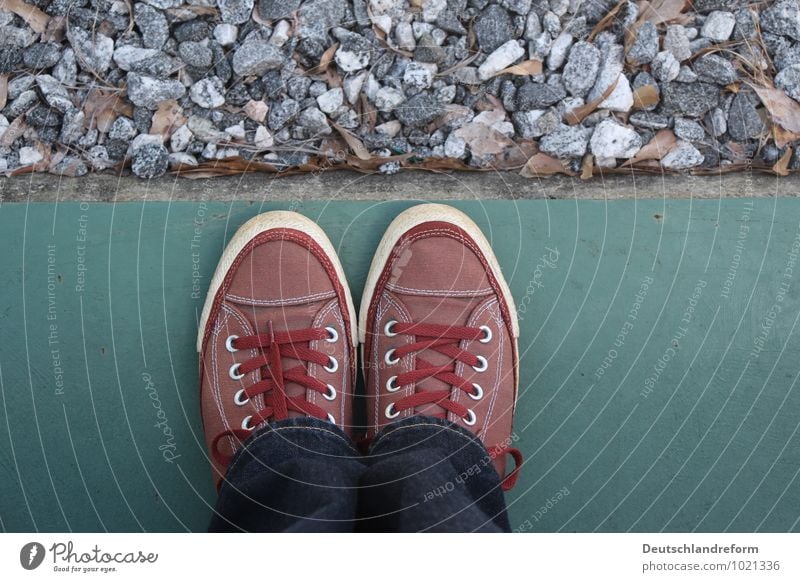 materiality Jeans Footwear Sneakers Chucks Stone Concrete Blue Gray Green Red White Symmetry converse Colour photo Exterior shot Copy Space right Day