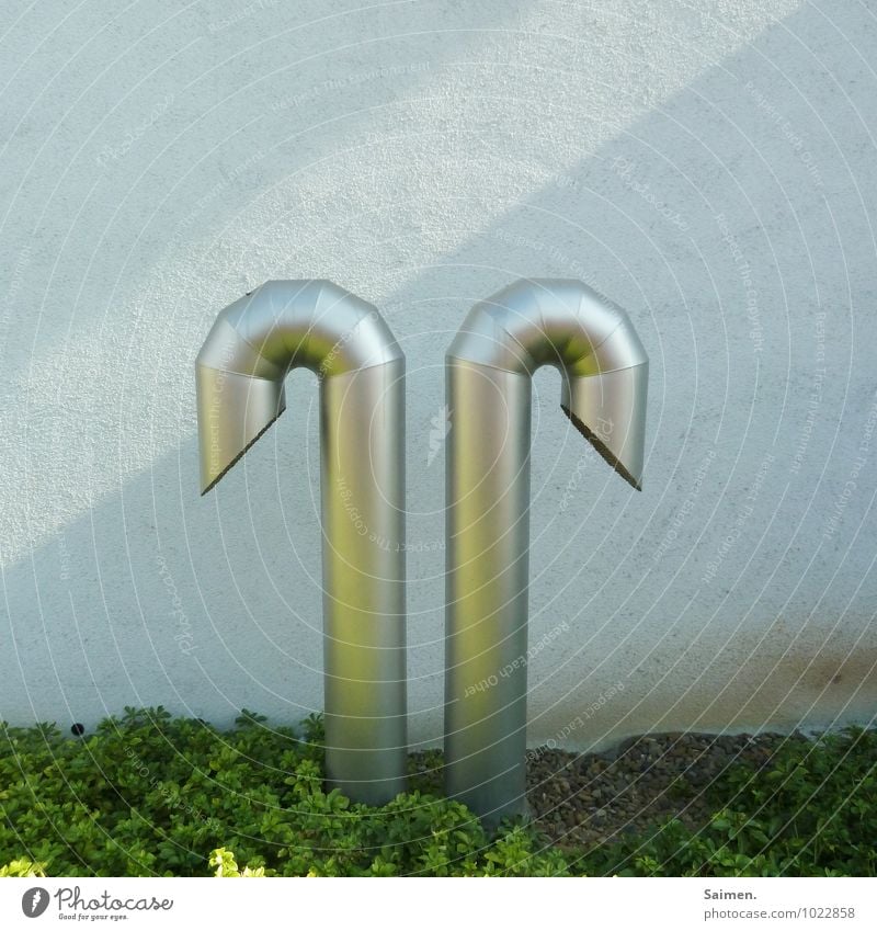 futuristic swan pair Wall (barrier) Wall (building) Facade 2 In pairs Pipe Iron-pipe Round Structures and shapes Plant Metal Colour photo Exterior shot