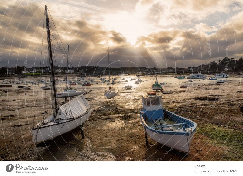 dry dock Sky Clouds Sun Sunlight Coast Fishing village Deserted Fishing boat Sailboat Old Brown Tide Low water Colour photo Subdued colour Exterior shot Day